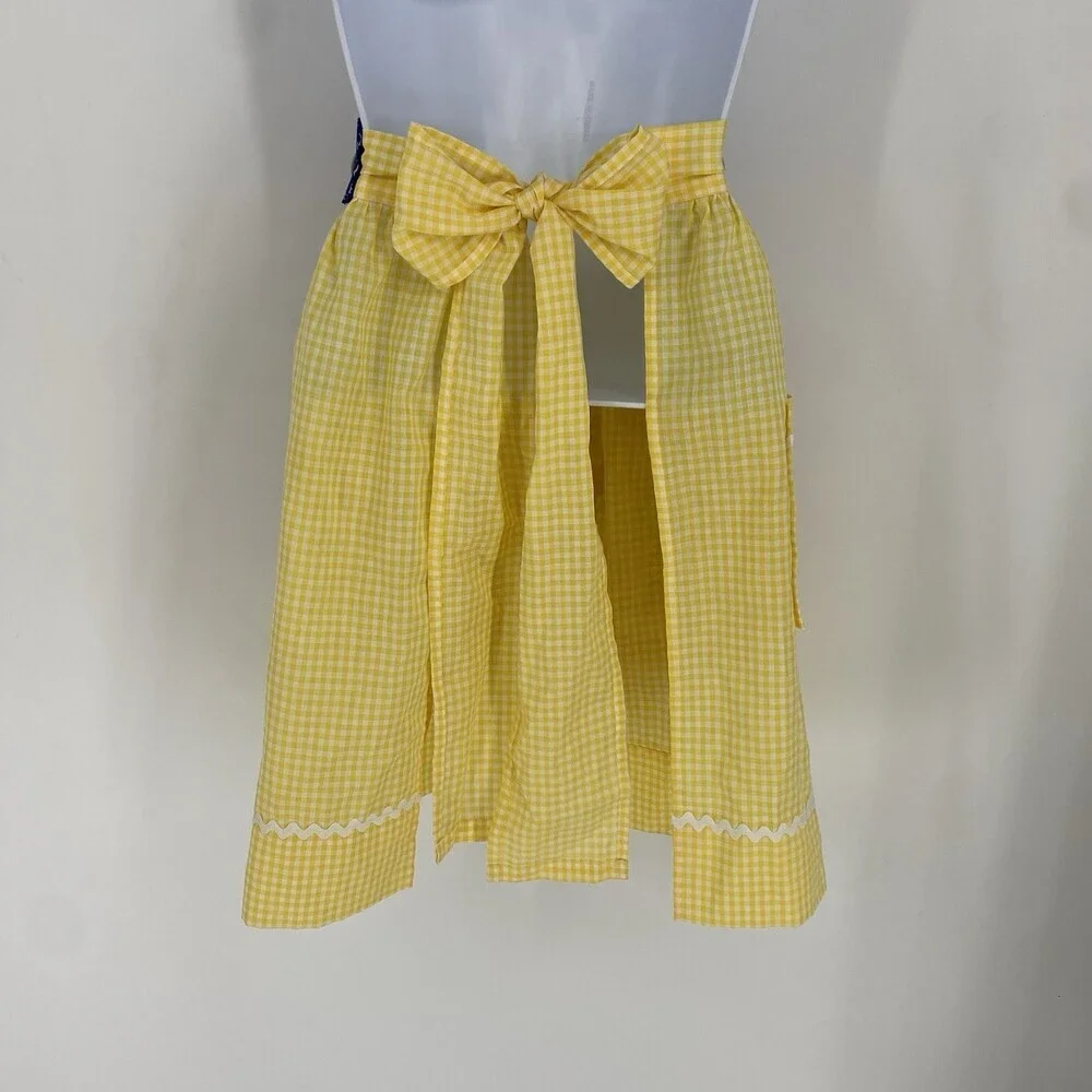 Vintage Novelty Tea Towel Half Apron Yellow Gingham Rick Rack Pocket Cute Retro